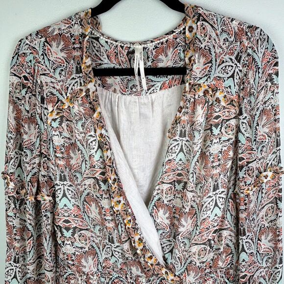 Anthropologie Ruffle Surplice Blouse Open Top Smocked Waist Floral Paisley Pt M - Picture 4 of 16